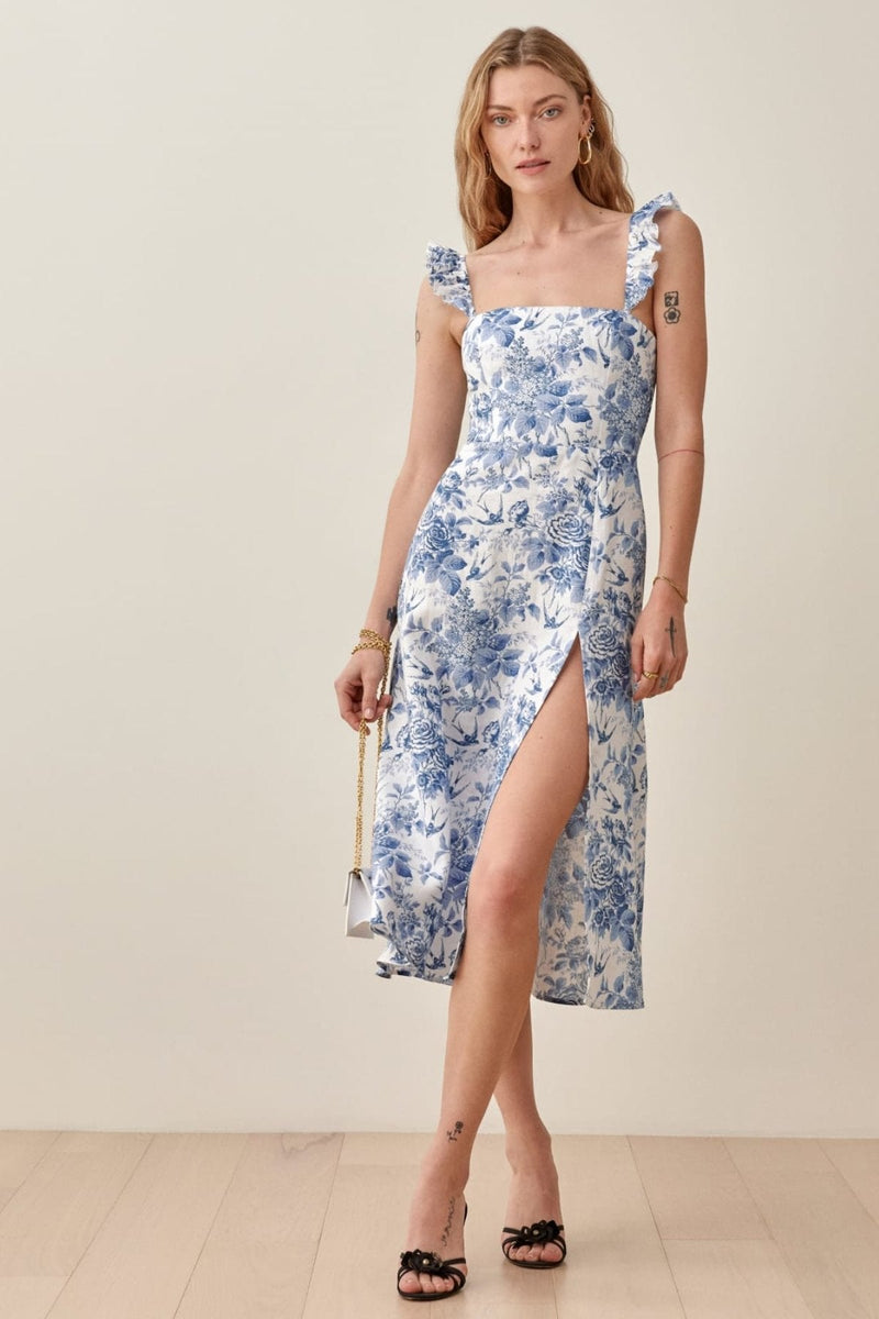 Vestido midi estampado com babados e alças e fenda Joa