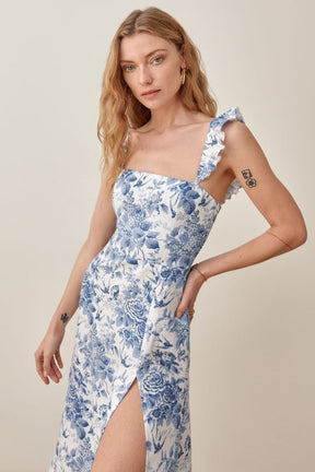 Vestido midi estampado com babados e alças e fenda Joa