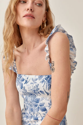 Vestido midi estampado com babados e alças e fenda Joa