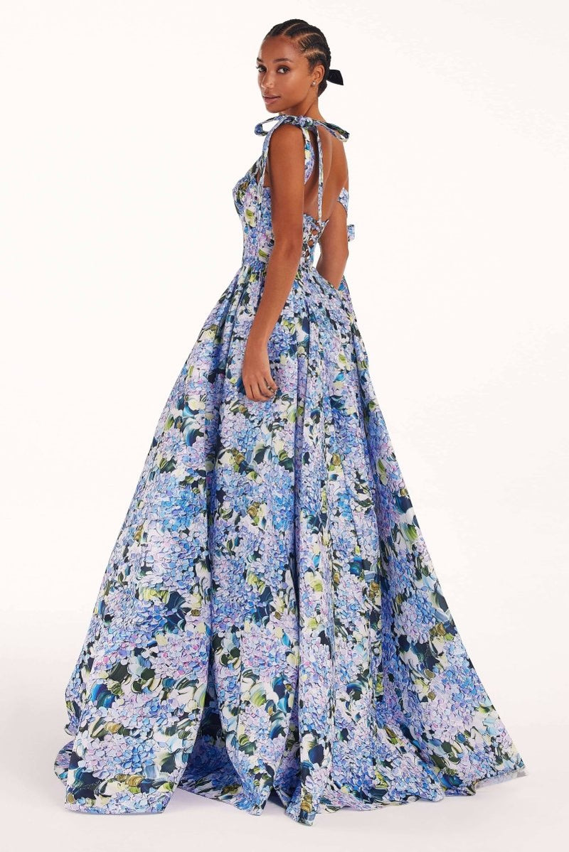 Vestido longo com alça estampada e hortênsia Kacey