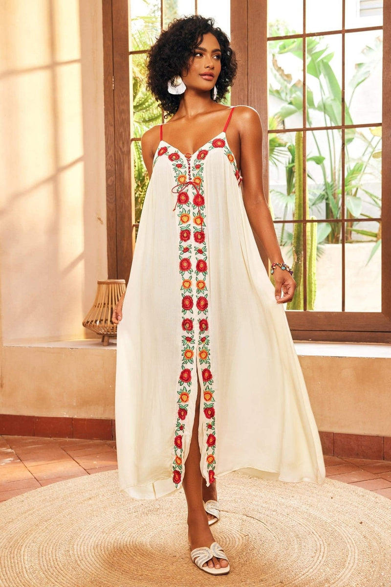 Vestido longo bordado floral Mila com decote em V