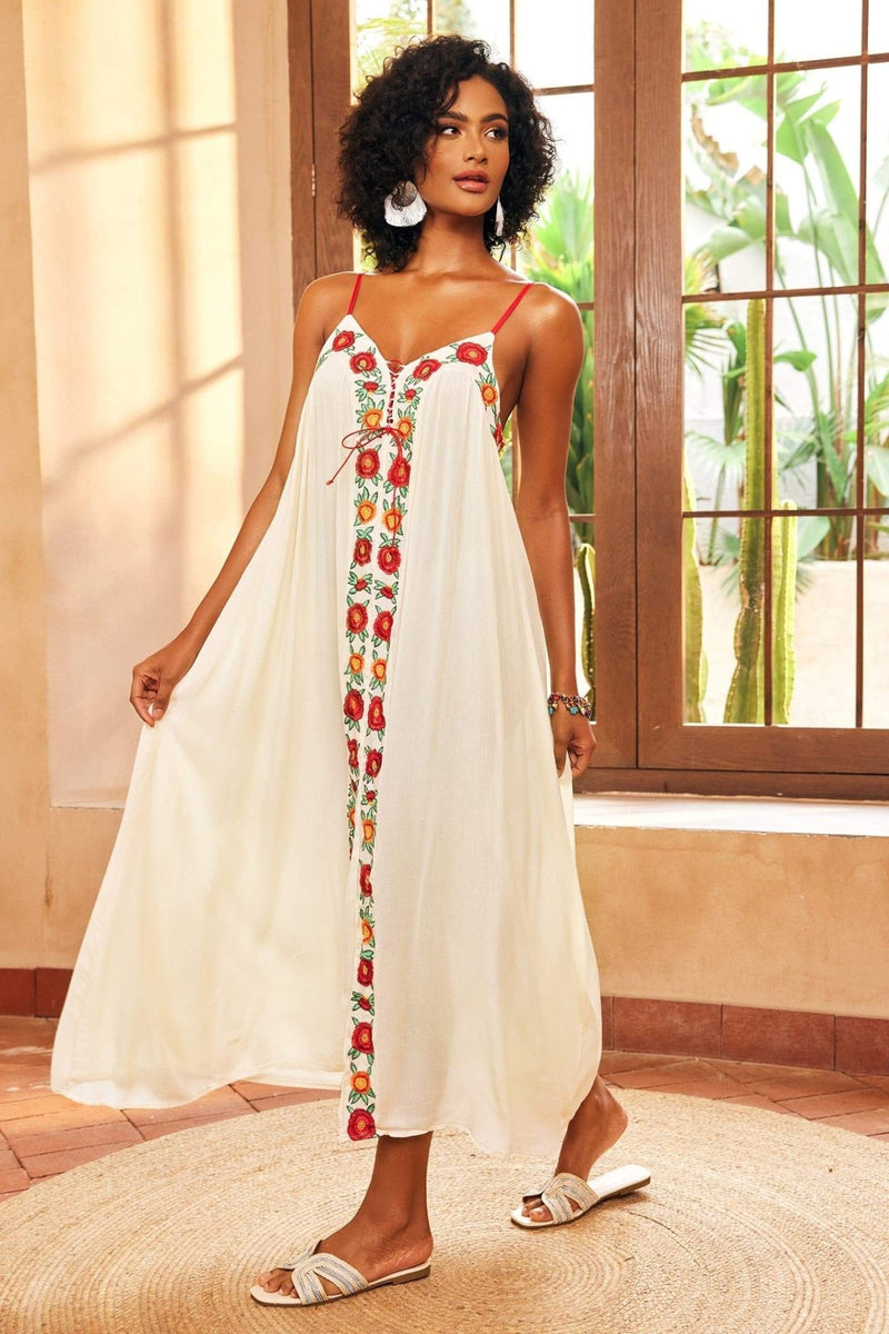Vestido longo bordado floral Mila com decote em V