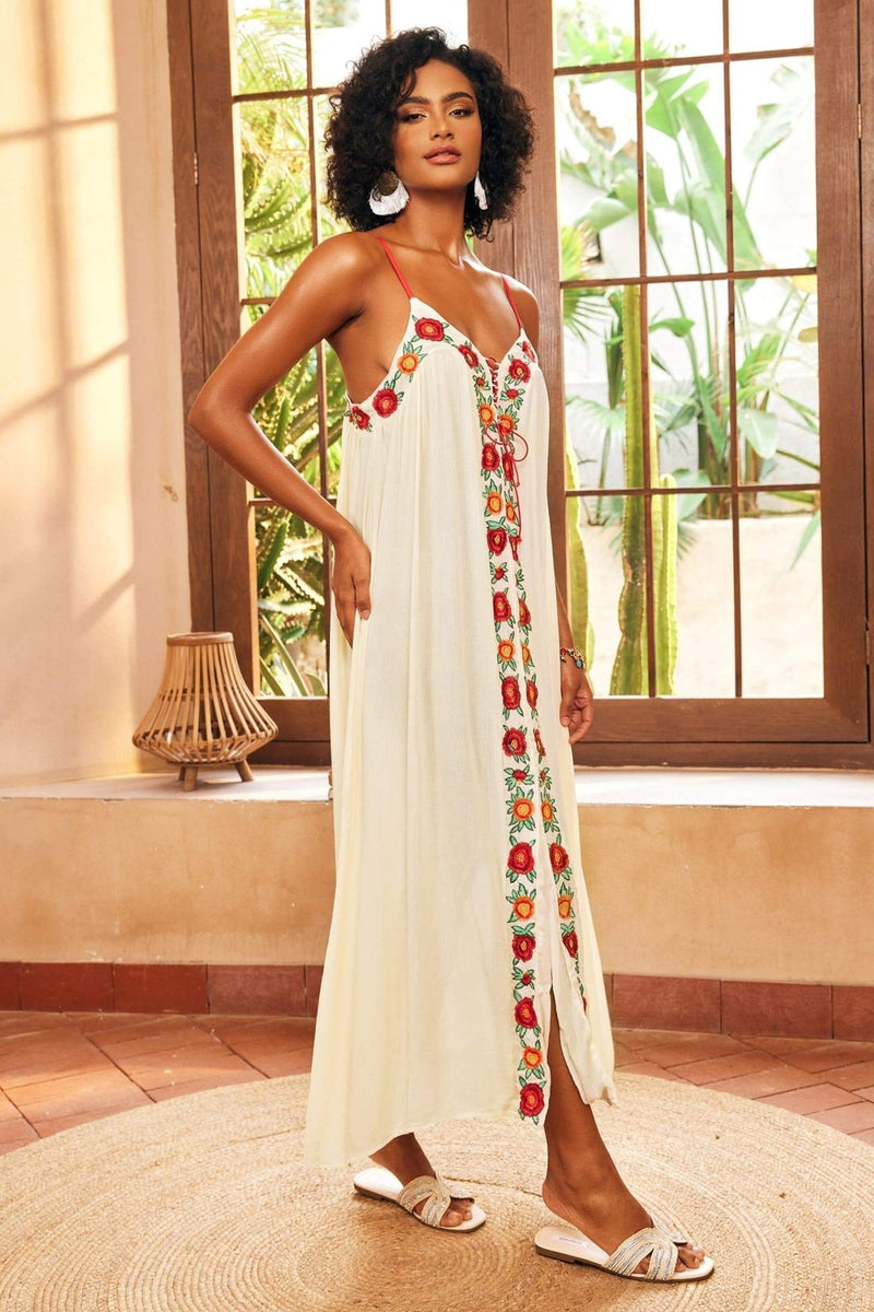 Vestido longo bordado floral Mila com decote em V
