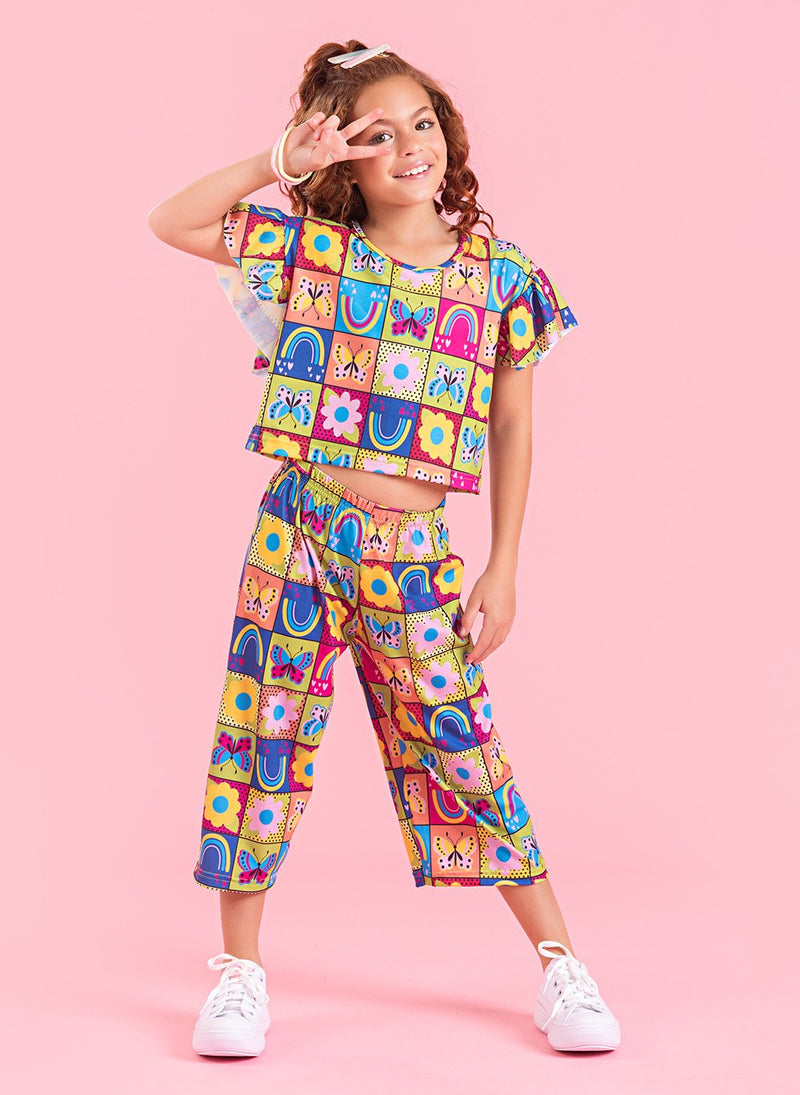 Conjunto Verão Menina Verde Blusa e Calça Pantacourt Jardim Encantado