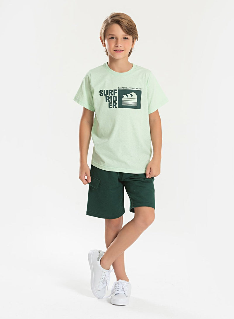 Conjunto Verão Menino Verde Camiseta e Bermuda com Lapela Surf Rider
