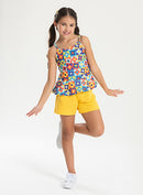 Conjunto Verão Menina Amarelo Regata Alcinha com Babado e Shorts Floral