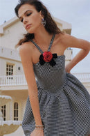 Minivestido Mona Houndstooth Rose Bow com acabamento em linha A