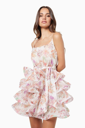 Vestido curto com babados e estampa floral Monica