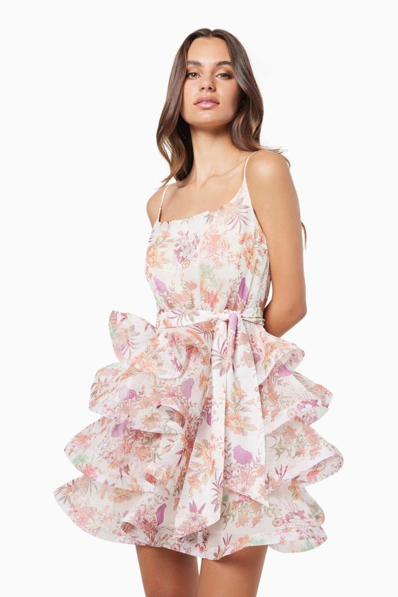 Vestido curto com babados e estampa floral Monica