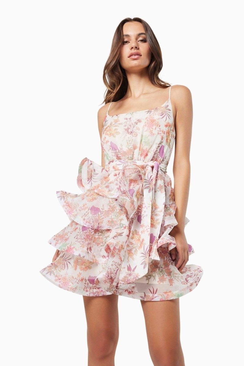 Vestido curto com babados e estampa floral Monica