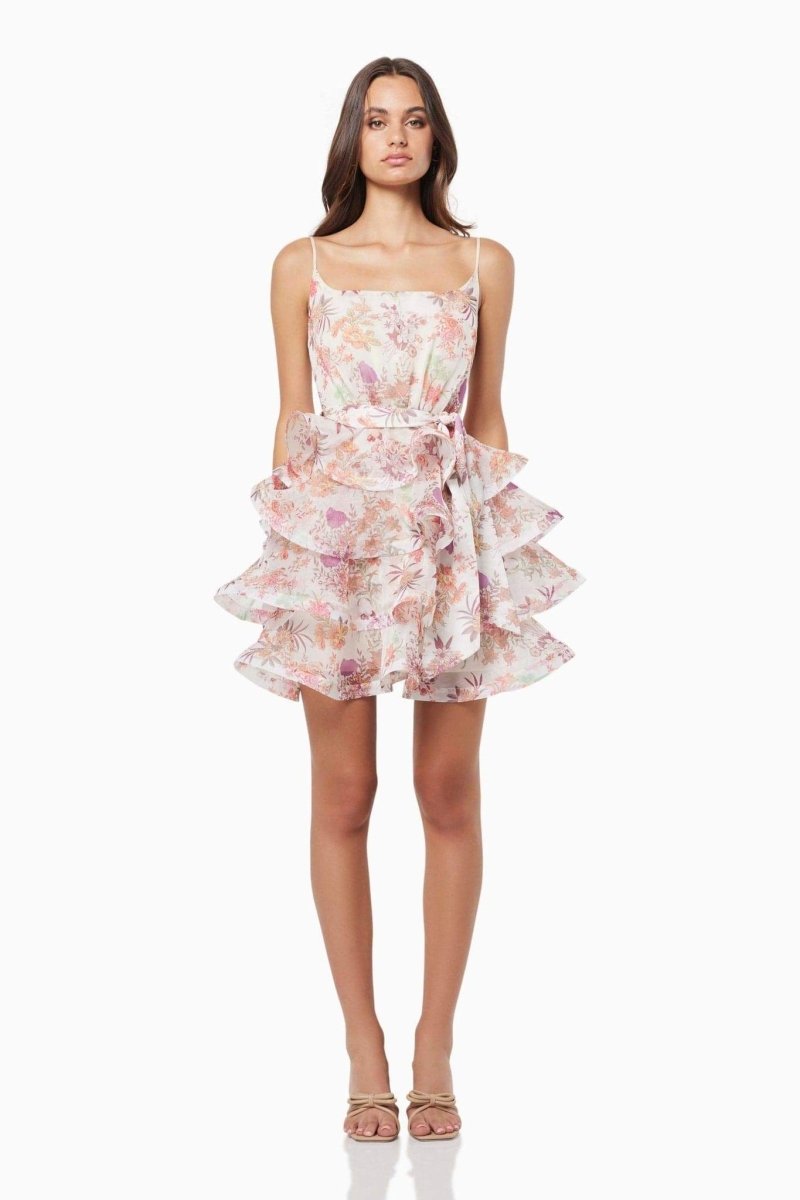 Vestido curto com babados e estampa floral Monica