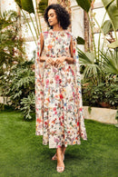 Vestido longo Nola com decote redondo e mangas compridas