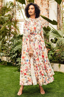 Vestido longo Nola com decote redondo e mangas compridas