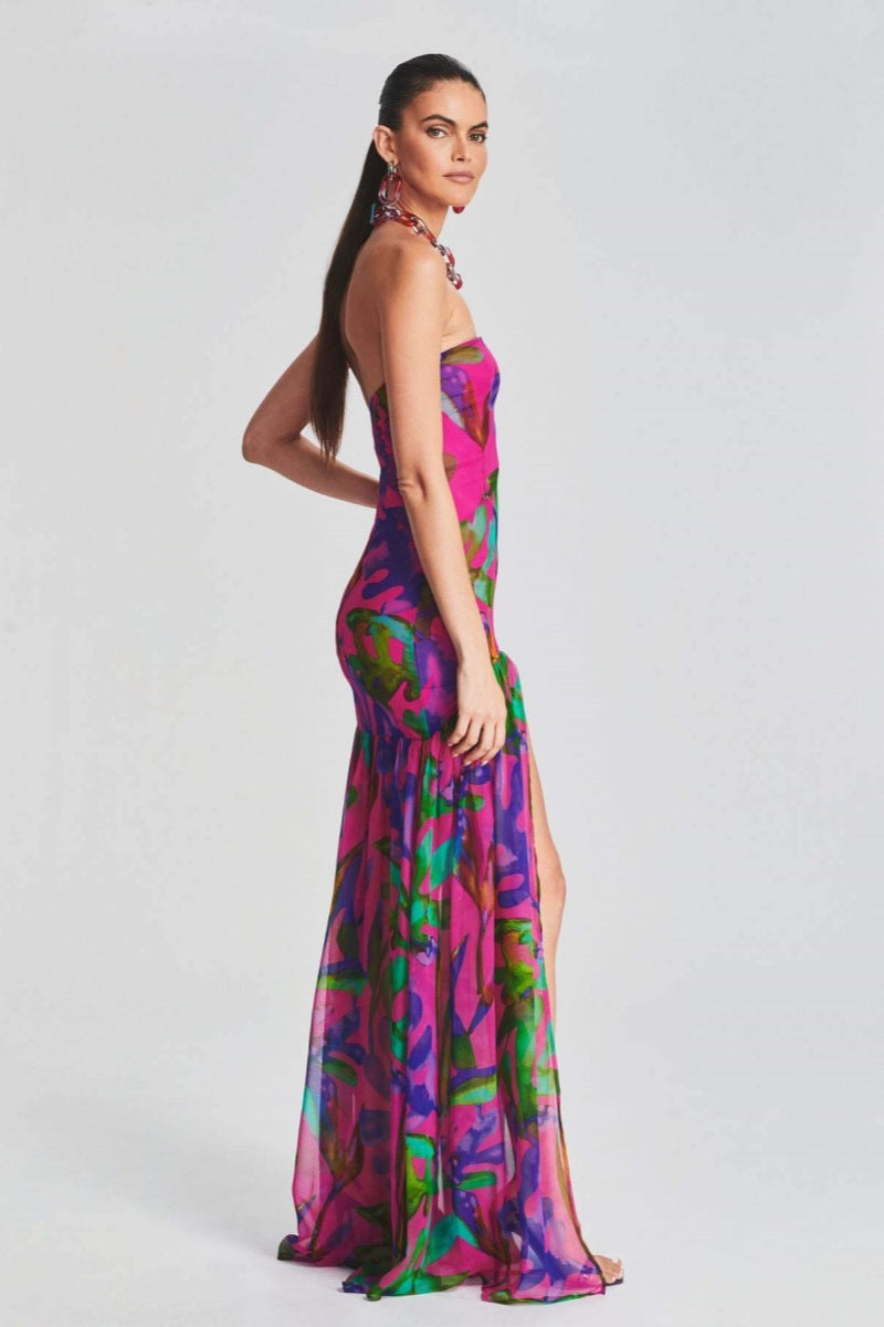 Vestido longo com fenda sem alças e estampa Pam