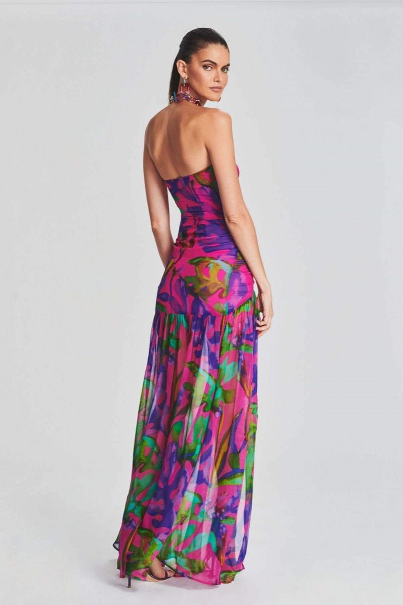 Vestido longo com fenda sem alças e estampa Pam