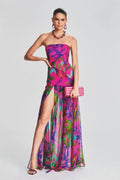 Vestido longo com fenda sem alças e estampa Pam