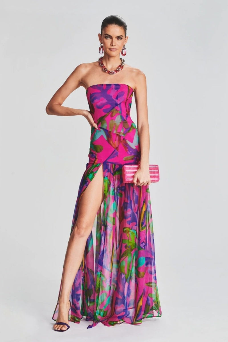 Vestido longo com fenda sem alças e estampa Pam