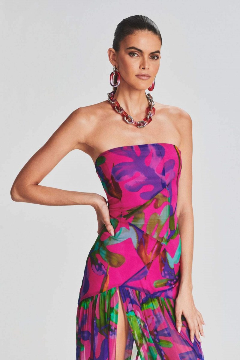 Vestido longo com fenda sem alças e estampa Pam