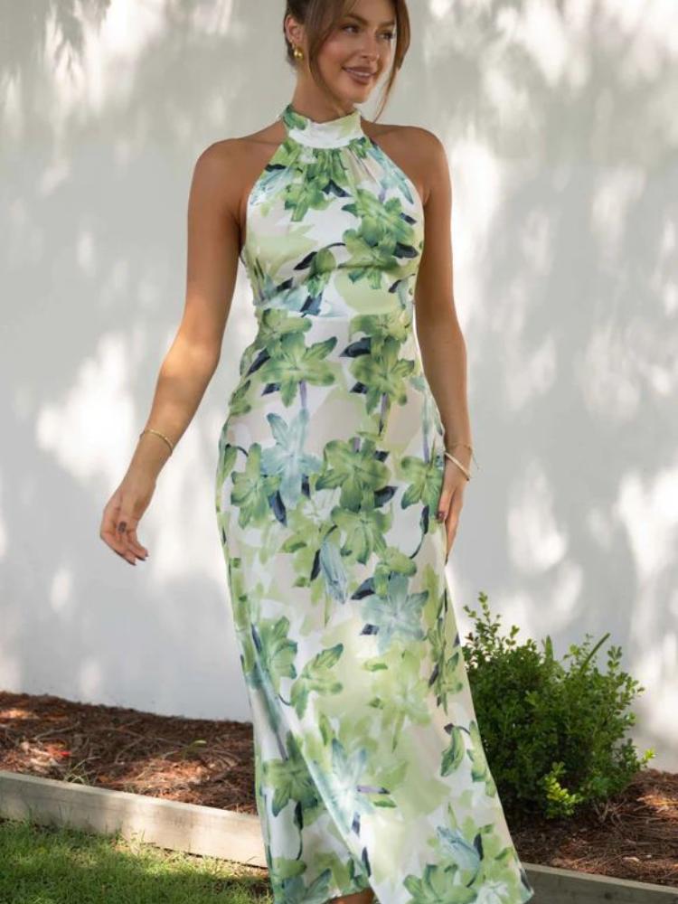 Vestido midi de cetim com decote halter e costas nuas estampado Gill