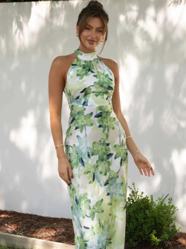 Vestido midi de cetim com decote halter e costas nuas estampado Gill