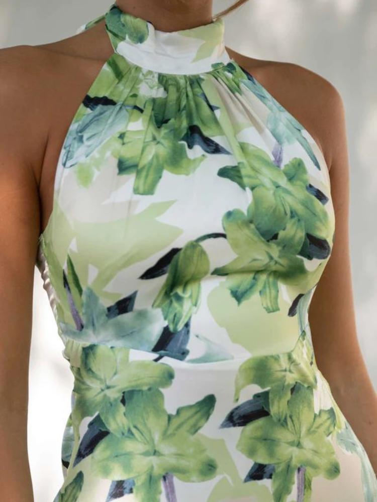 Vestido midi de cetim com decote halter e costas nuas estampado Gill