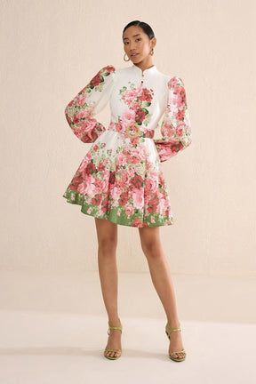 Vestido midi com estampa floral Renata e mangas bufantes