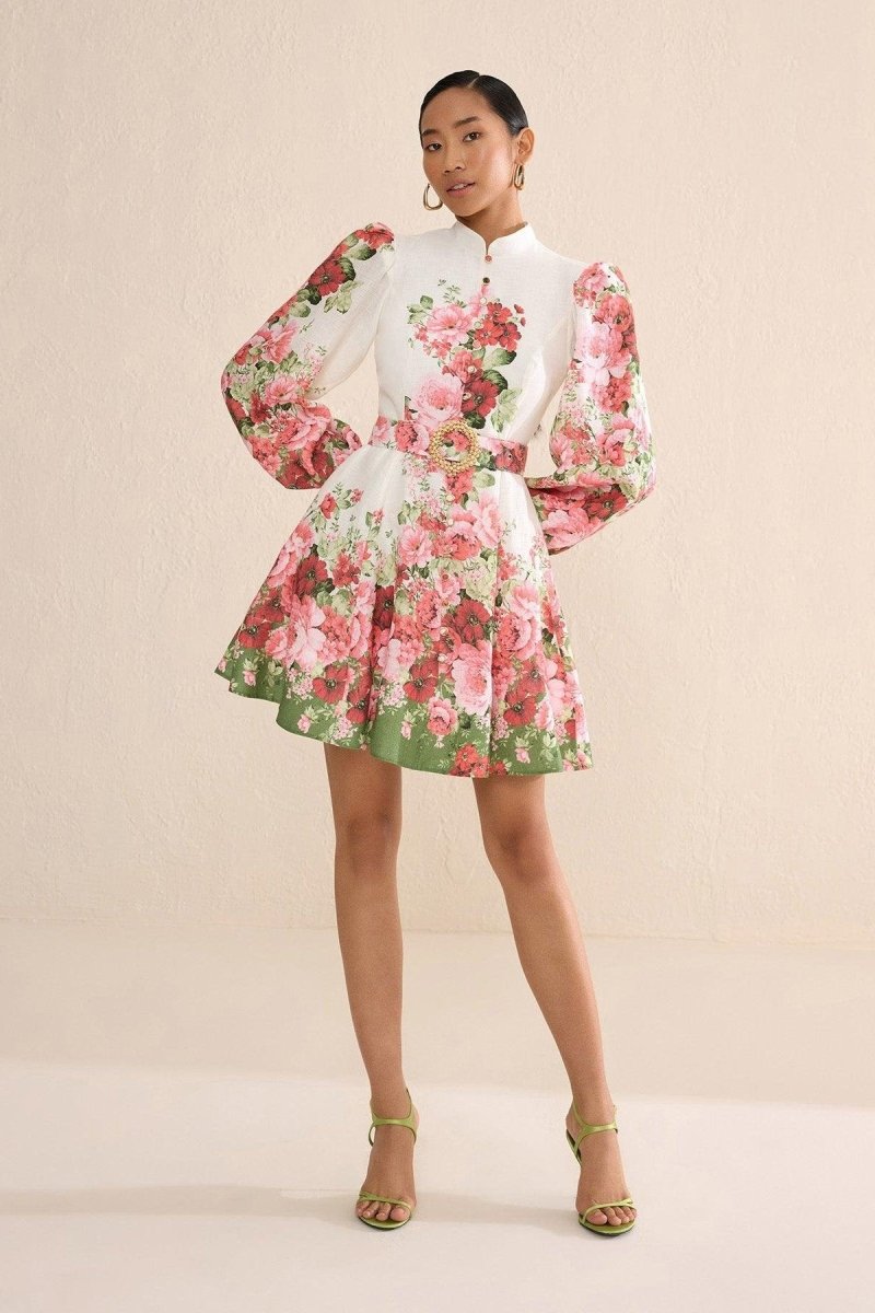 Vestido midi com estampa floral Renata e mangas bufantes