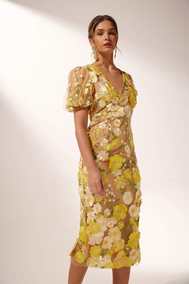 Vestido midi floral com decote em V Sally