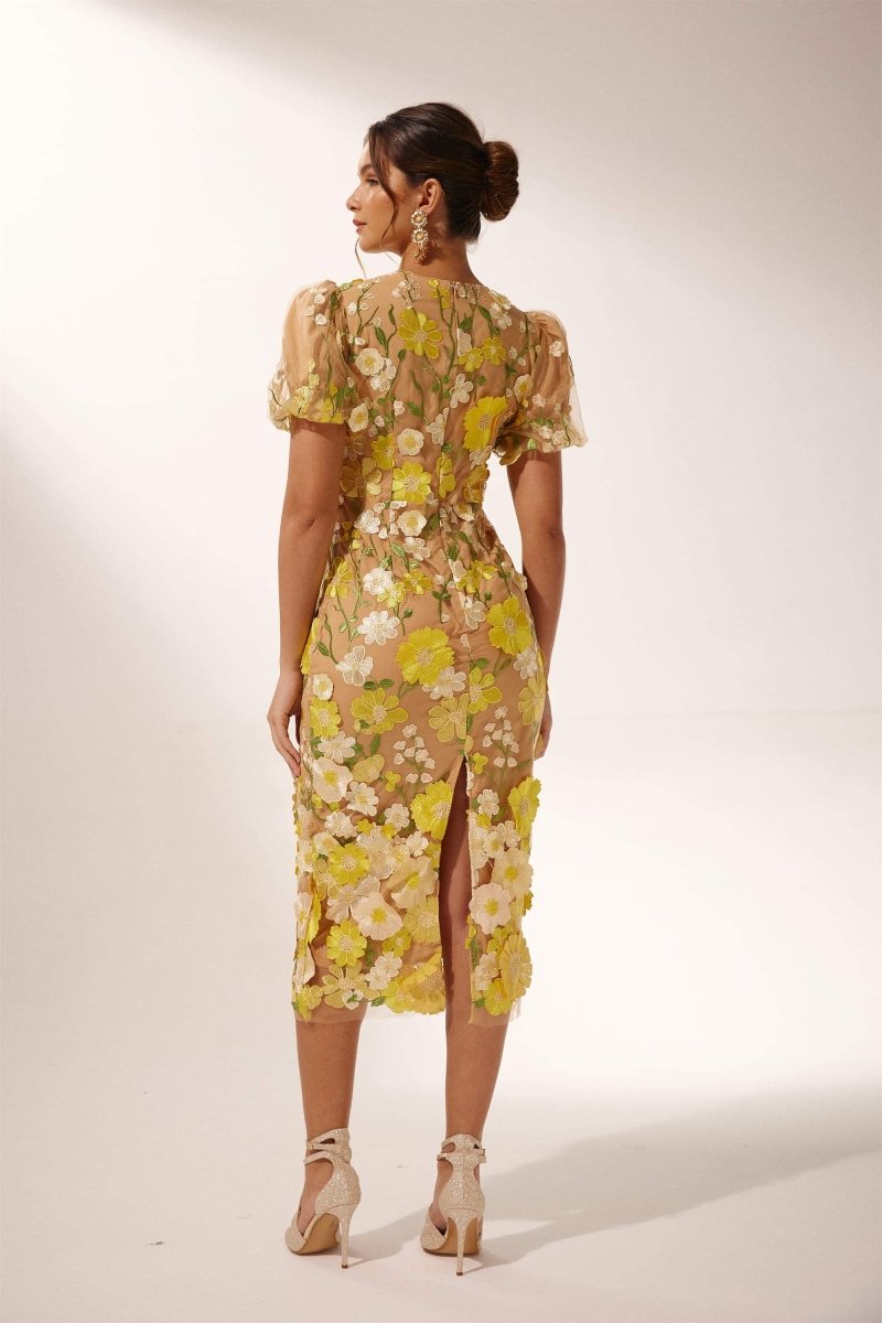 Vestido midi floral com decote em V Sally