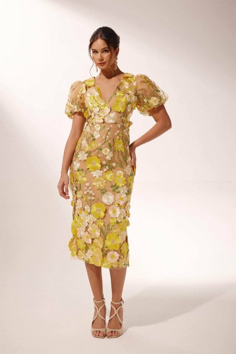 Vestido midi floral com decote em V Sally