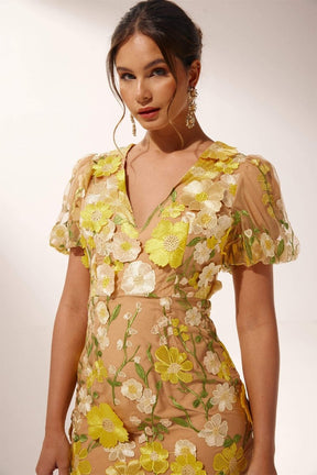 Vestido midi floral com decote em V Sally