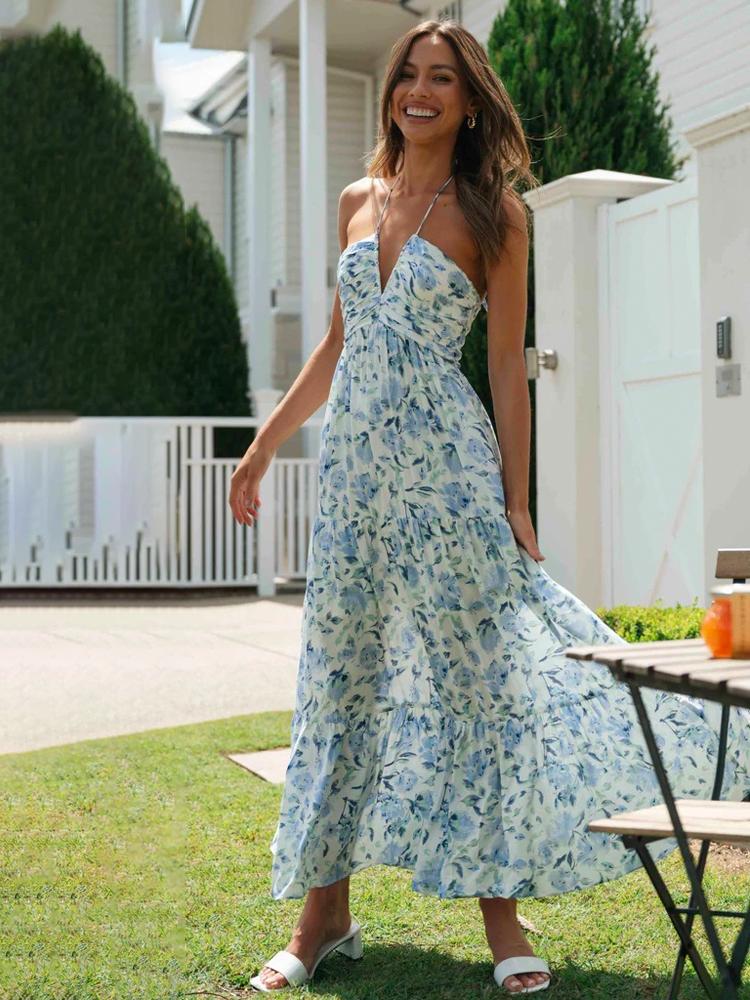 Vestido longo de verão com decote halter e estampa floral Sue