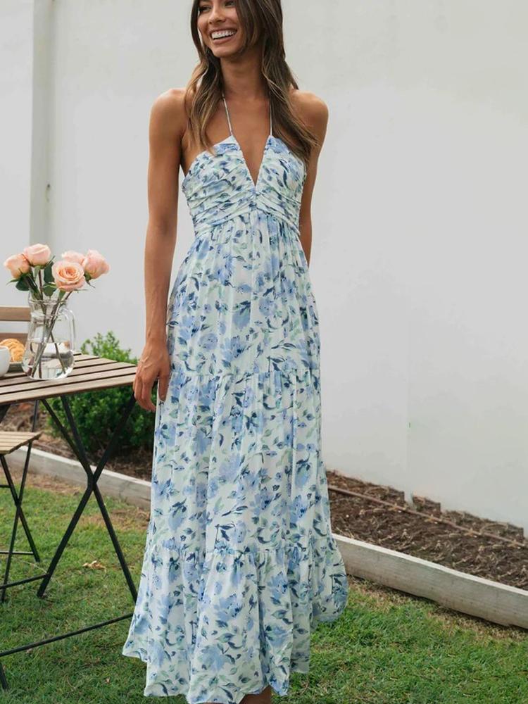 Vestido longo de verão com decote halter e estampa floral Sue
