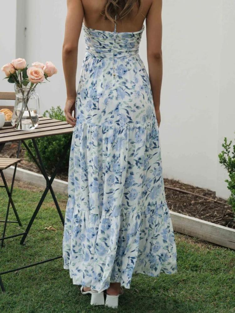 Vestido longo de verão com decote halter e estampa floral Sue