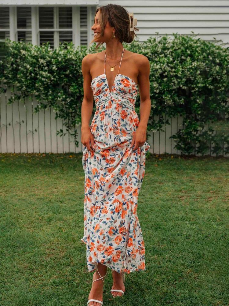 Vestido longo de verão com decote halter e estampa floral Sue