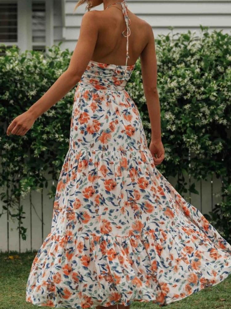Vestido longo de verão com decote halter e estampa floral Sue