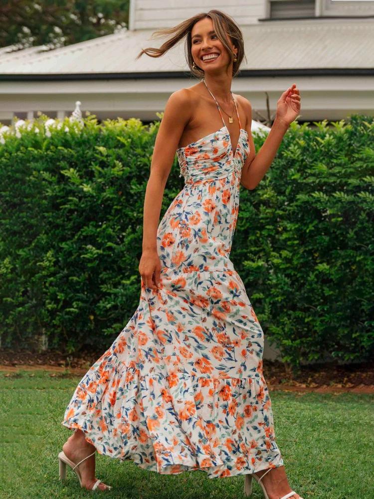Vestido longo de verão com decote halter e estampa floral Sue