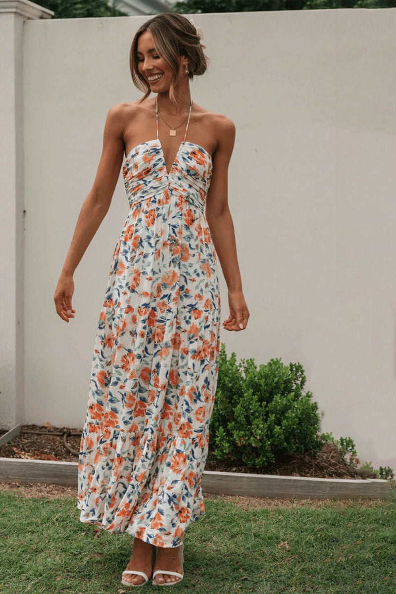 Vestido longo de verão com decote halter e estampa floral Sue