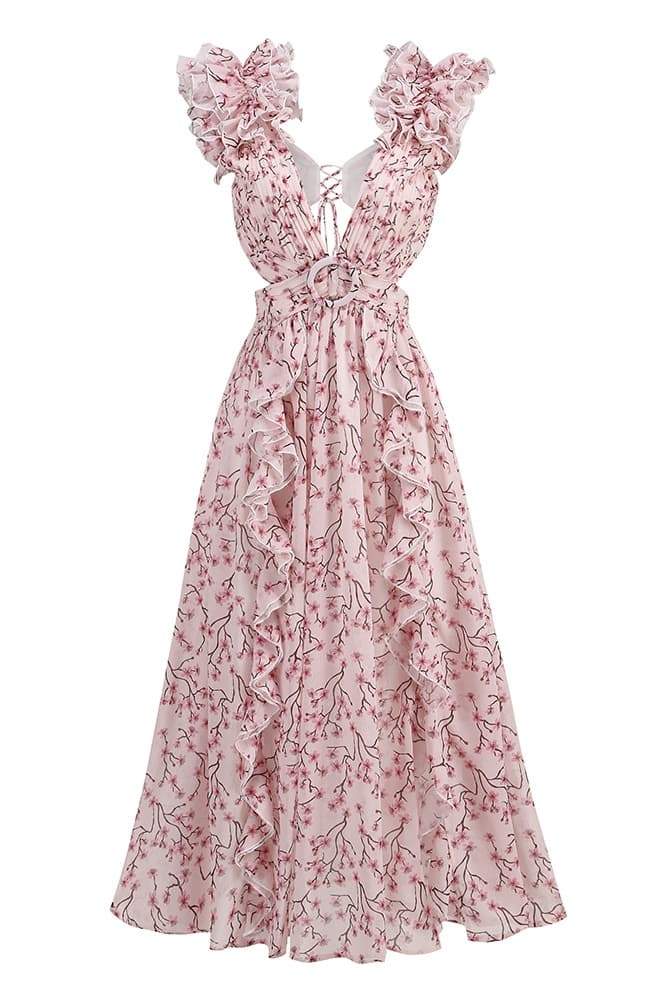 Vestido longo com recorte e estampa floral Suzanne