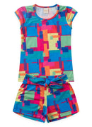 Conjunto Verão Menina Magenta Blusa Manga Copinho e Shorts Colorido