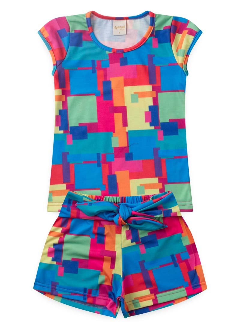 Conjunto Verão Menina Magenta Blusa Manga Copinho e Shorts Colorido