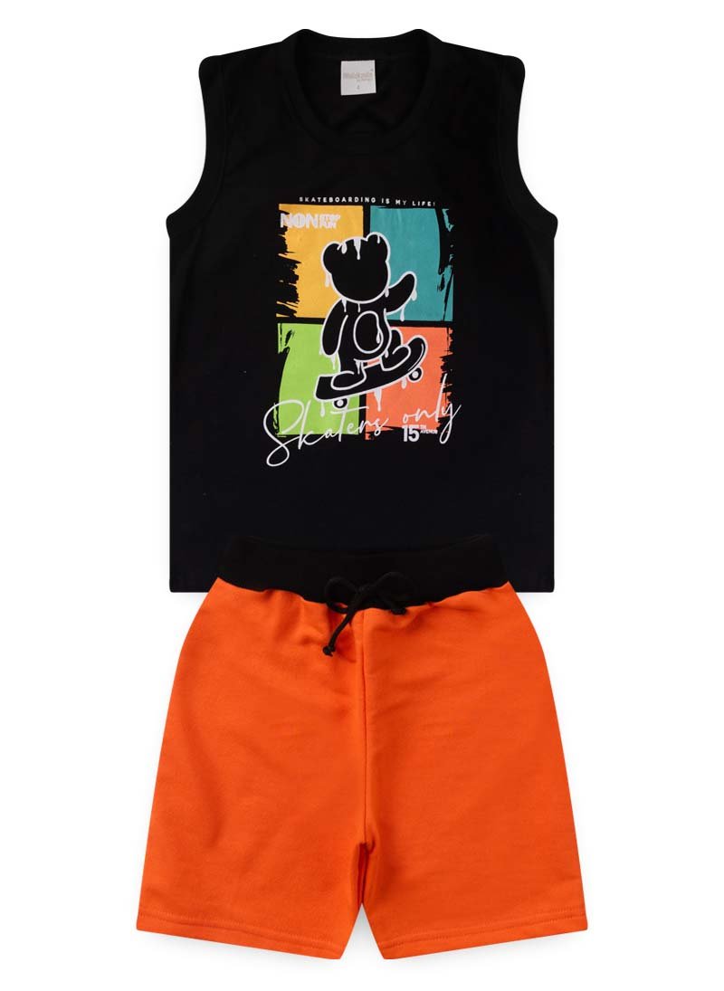 Conjunto Verão Menino Preto Regata e Bermuda Urso Skatista