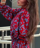 Mock Neck Long-Sleeved Floral Top and Skirt Set