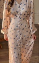 Floral satin balloon-sleeve maxi dress