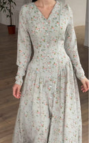 V-neck green floral button maxi dress