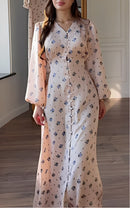 Floral satin balloon-sleeve maxi dress