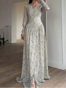 V-neck green floral button maxi dress