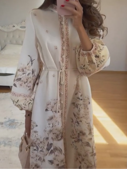 Button-Down Lantern Sleeve Print Dress